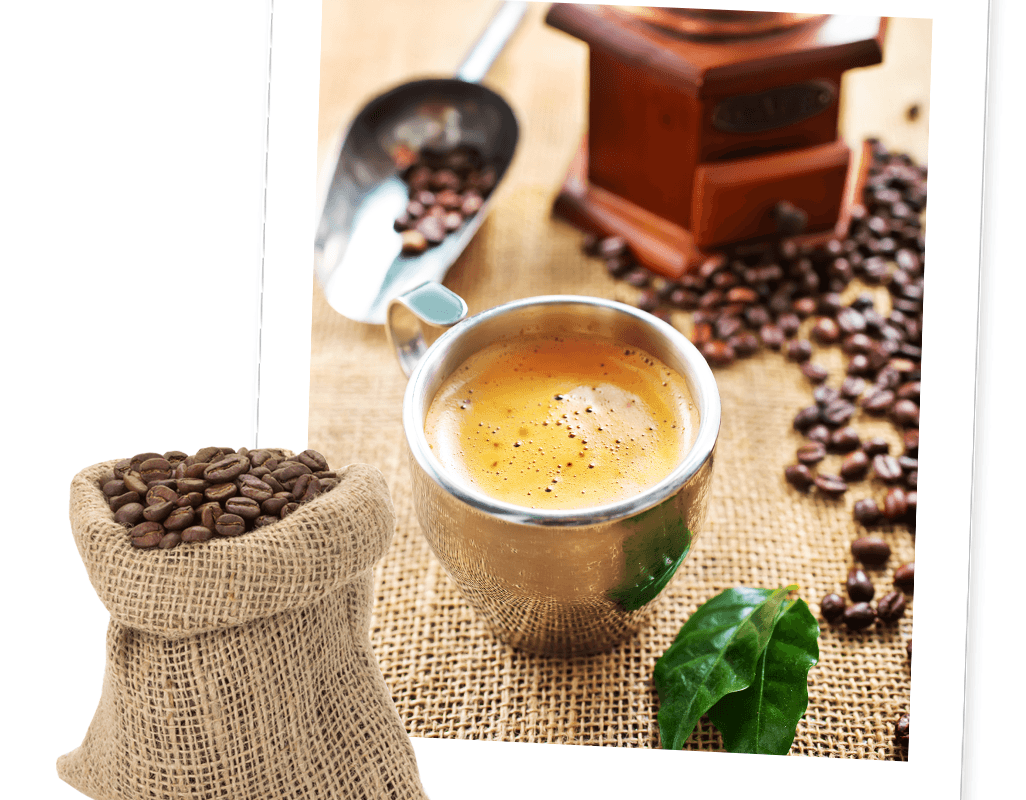 Fresh Espresso cup and bag of coffee beans