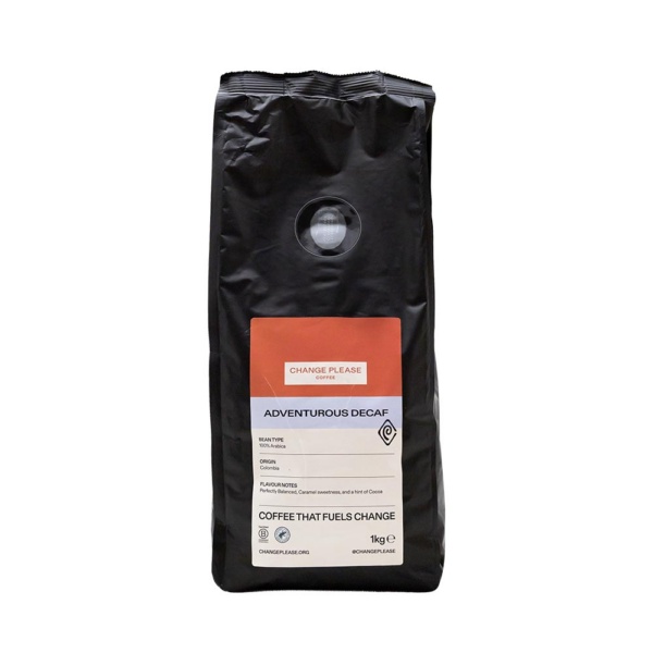Change Please Black coffee bean bag Decaf Beans front view