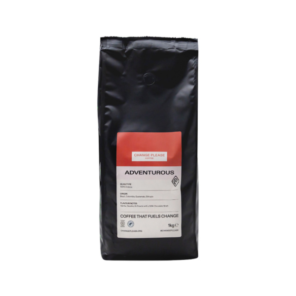 Change Please Black coffee bean bag Adventurous Beans front view