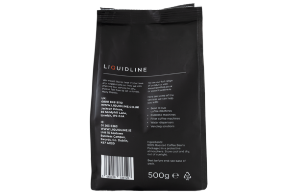 Back of Café Bonté Misty Mountain Blend coffee bean bag showing product information, barcode, and Liquidline contact details