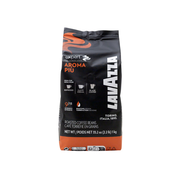 Lavazza Black coffee bean bag Aroma Piu Beans front view