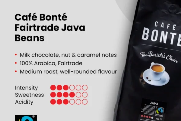 Café Bonté Fairtrade Java coffee beans: 100% Arabica, Fairtrade certified, medium roast, intensity 3 of 6