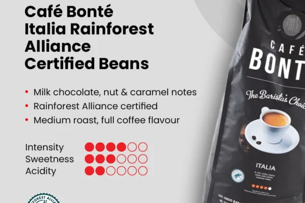 Café Bonté Italia coffee beans: Rainforest Alliance certified, medium roast with full coffee flavour, intensity 4 of 6