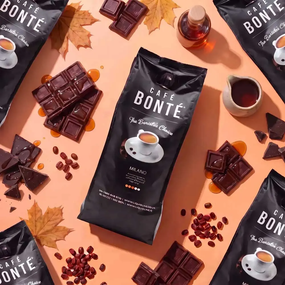 Café Bonté Milano coffee beans bag with flavour notes of dark chocolate and maple syrup