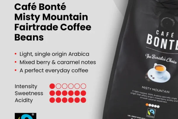 Café Bonté Misty Mountain coffee beans: light roast single origin Arabica, Fairtrade certified, intensity 1 of 6