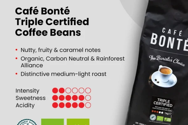 Café Bonté Triple Certified coffee beans: organic, carbon neutral and Rainforest Alliance certified, medium-light roast, intensity 2 of 6