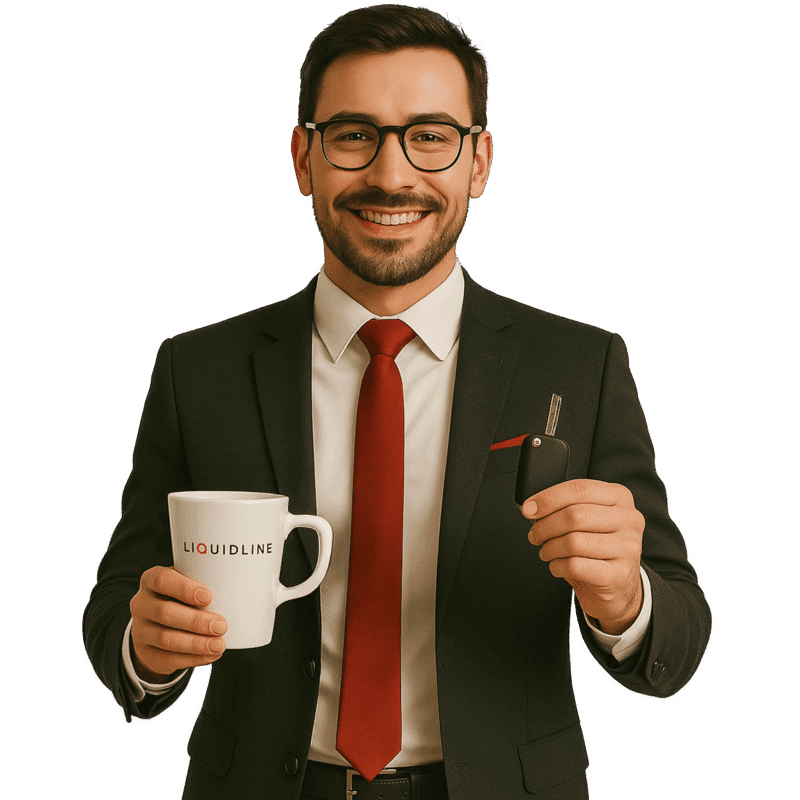 Car salesman with Liquidline coffee cup and car key