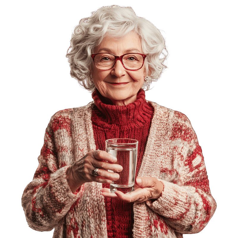Female care home resident holding a glass of water