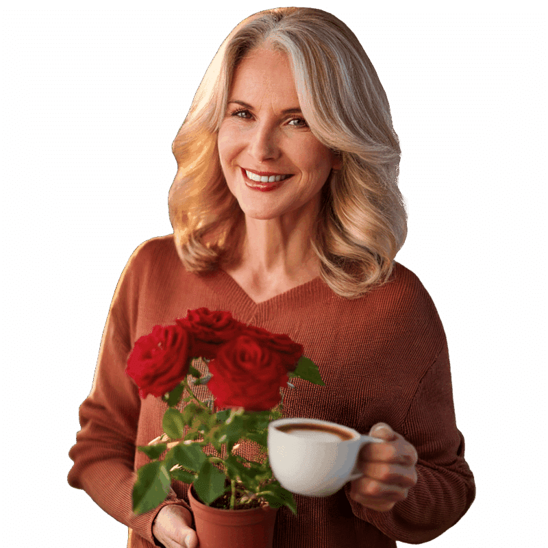 Women with plant and coffee cup