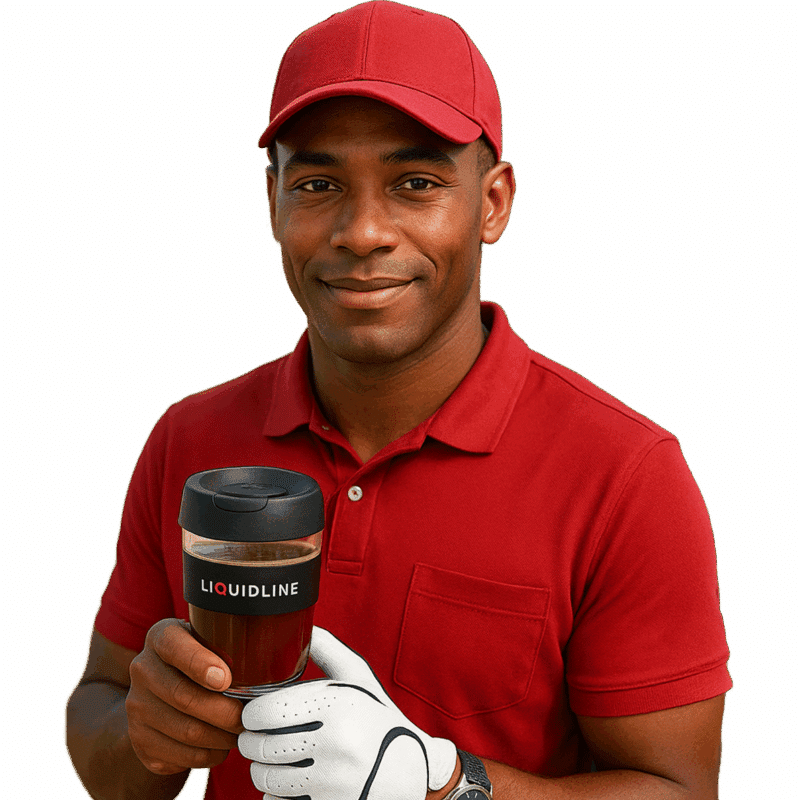 Golfer with Liquidline coffee cup