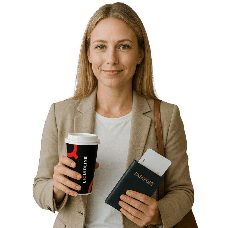 Female traveller holding a cup of coffee and passport in hand