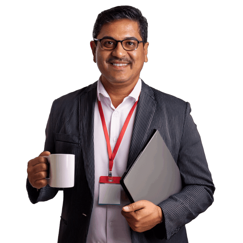 Lecturer with cup of coffee