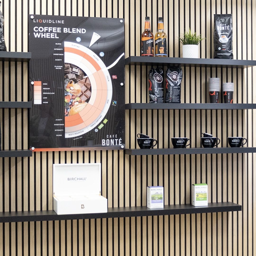 image if a wall with coffee cups, coffee bean bags and coffee syrups on selves