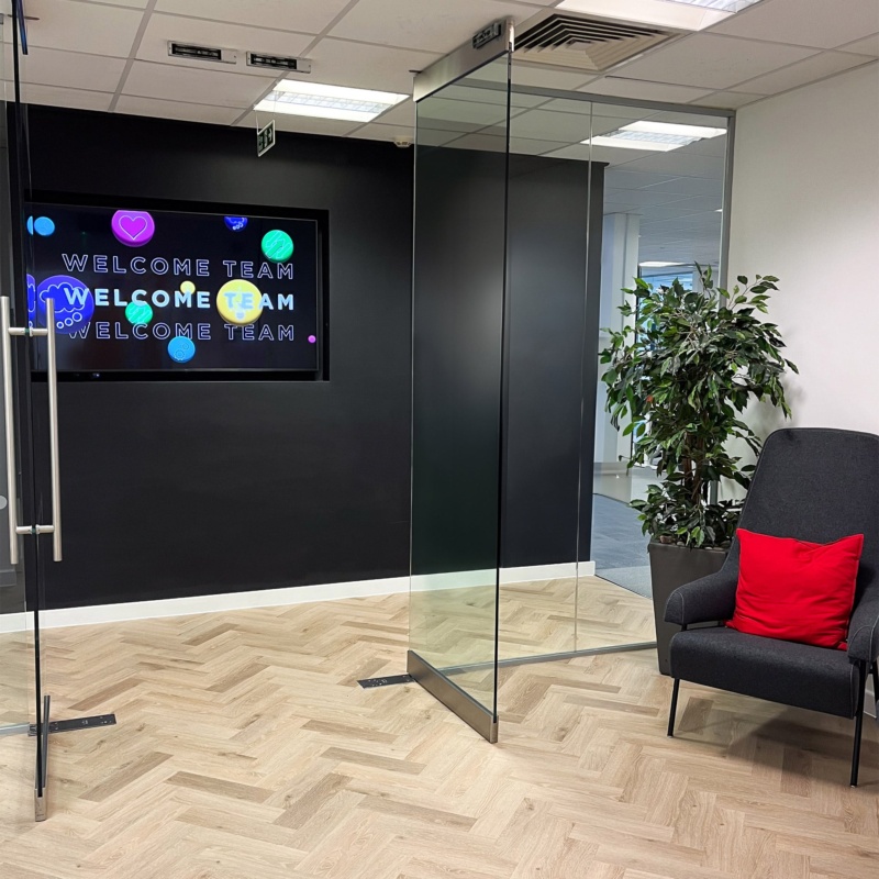 Liquidline office welcome screen in reception