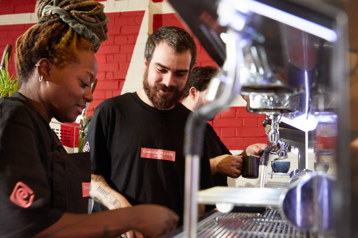 change please baristas making coffee