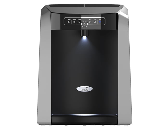 Oasis Polaris Desktop Water Cooler with the light turned on