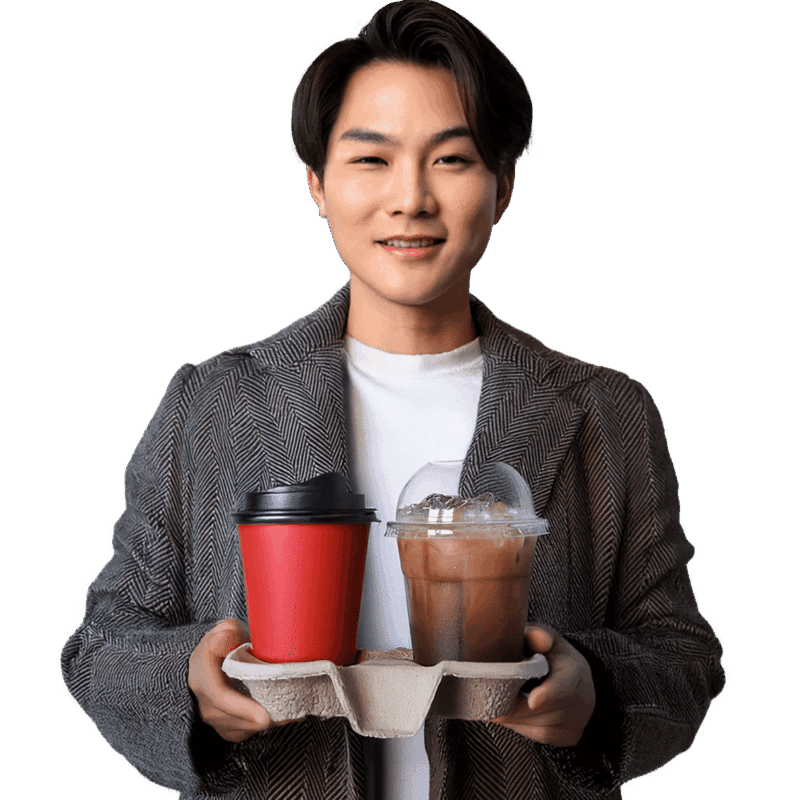 Man with coffee to go and cold drink in paper tray