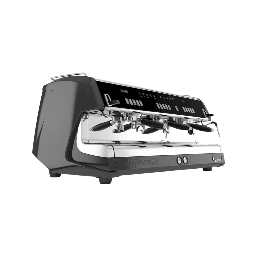 La Spaziale S10 3-group commercial espresso machine in black and stainless steel.