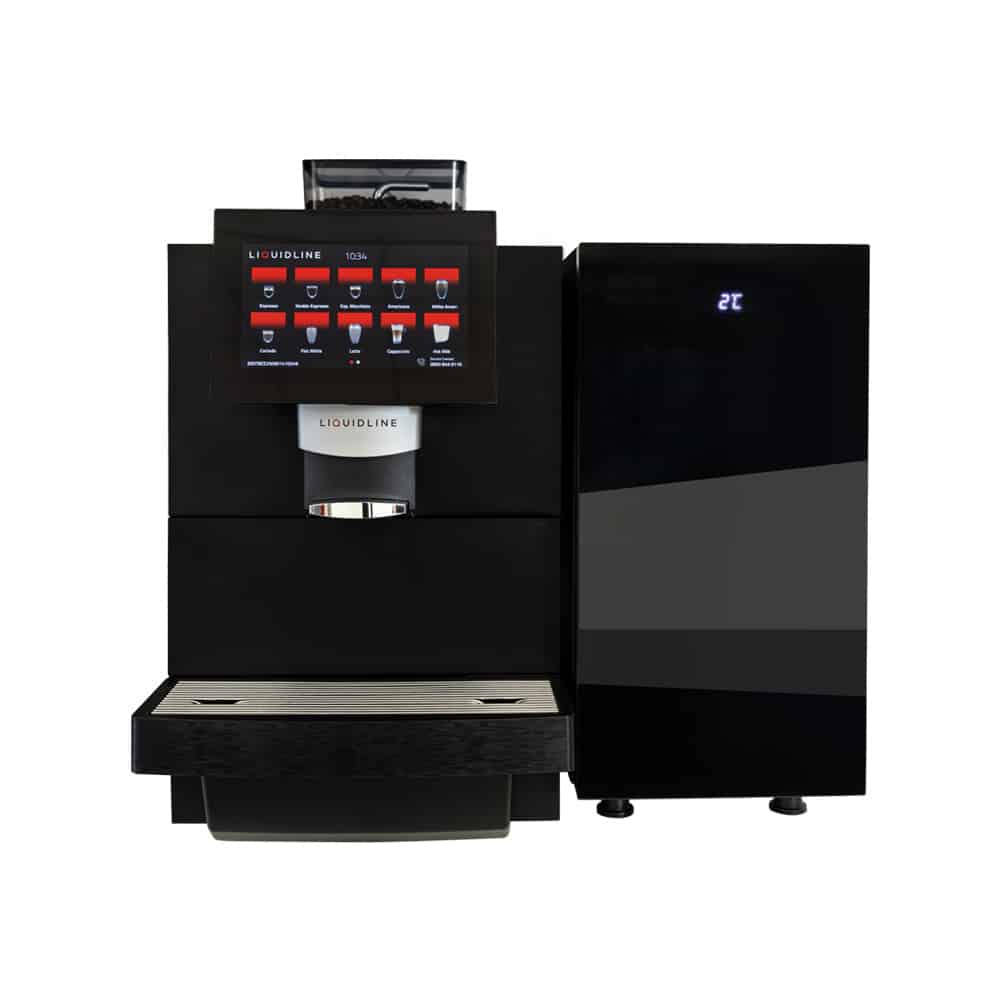 Front view of Liquidline K1 fresh milk bean‑to‑cup coffee machine with touchscreen menu and fridge unit.