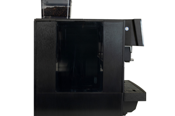 Left‑side view of Liquildine K1 fresh milk commercial coffee machine with bean hopper attached