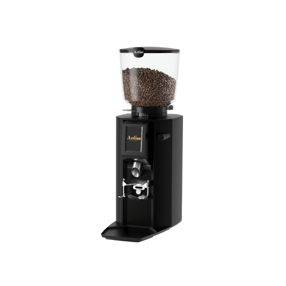Black Anfim Alba commercial coffee grinder with a large transparent hopper filled with coffee beans, a central touchscreen display, and a metal dispensing spout above the portafilter holder.