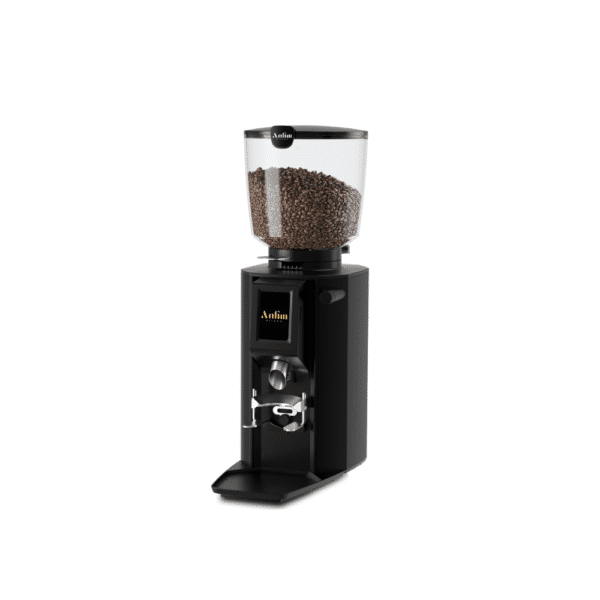 Black Anfim Luna espresso grinder with a large transparent bean hopper filled with coffee beans, a digital display on the front, and a metal dispensing spout above the portafilter holder.