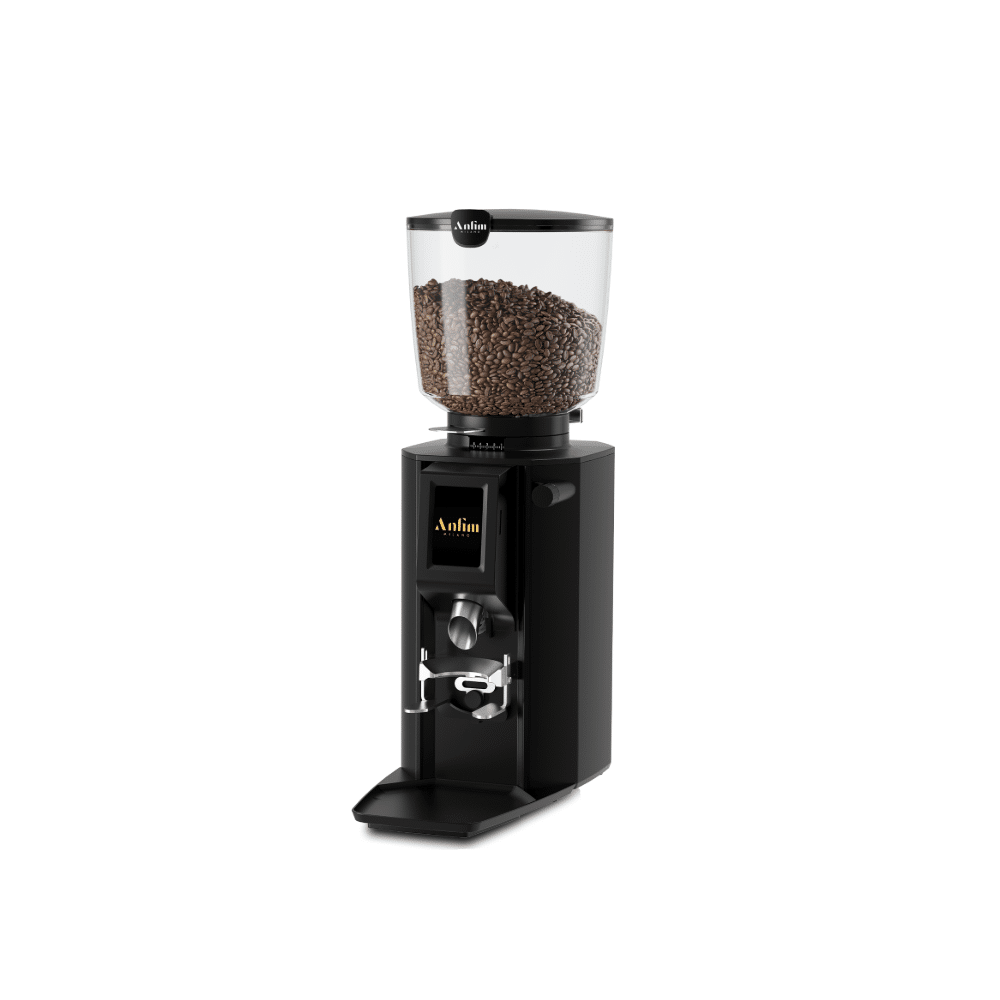 Black Anfim Luna espresso grinder with a large transparent bean hopper filled with coffee beans, a digital display on the front, and a metal dispensing spout above the portafilter holder.