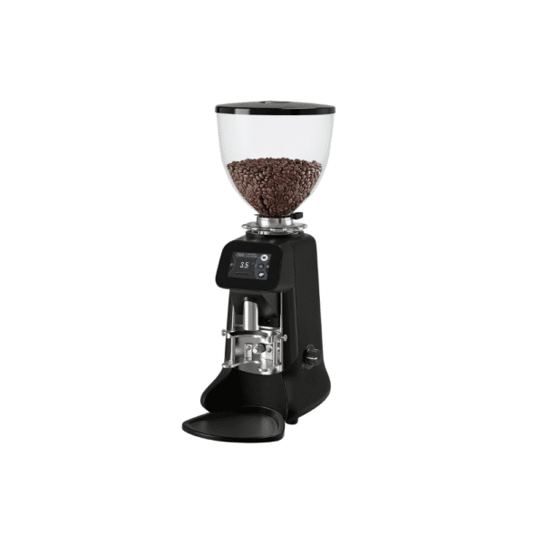 Black Hey Café Buddy coffee bean grinder with a transparent bean hopper filled with coffee beans and a front-mounted digital display.
