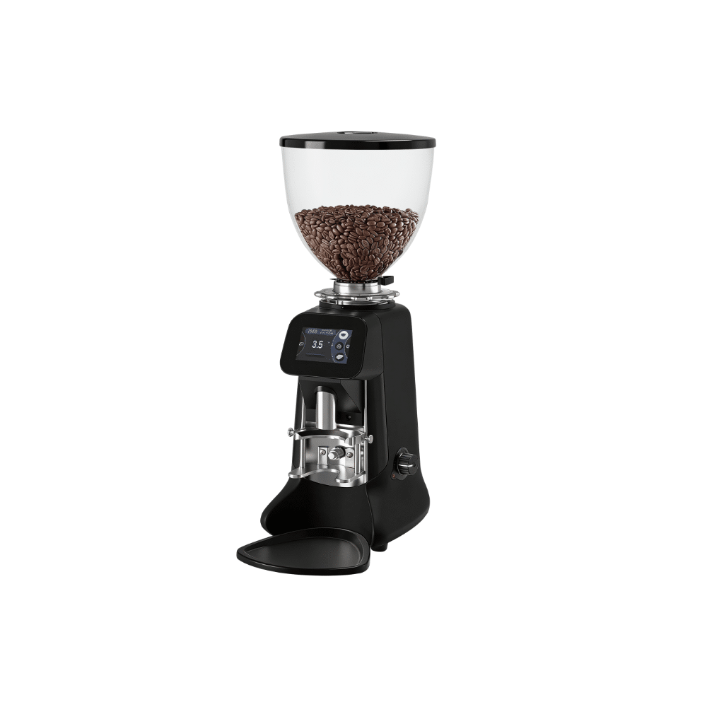 Black Hey Café Buddy coffee bean grinder with a transparent bean hopper filled with coffee beans and a front-mounted digital display.