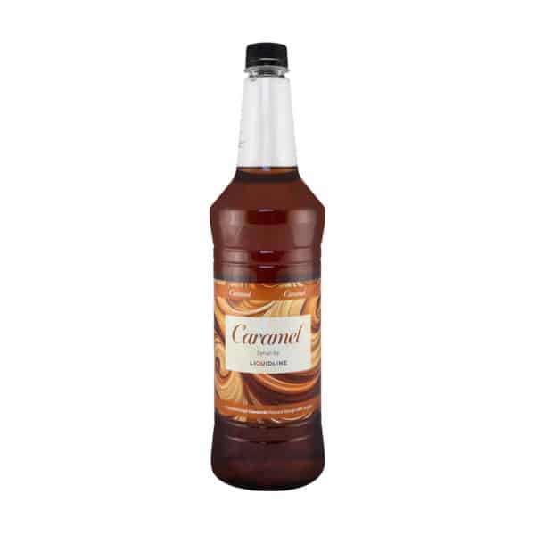 A bottle of Liquidline Caramel Syrup with a swirled caramel‑themed label, filled with rich amber‑coloured syrup, photographed against a white background.