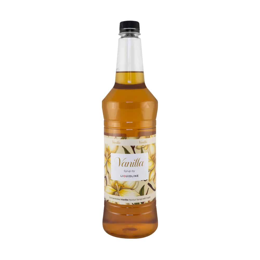 A clear plastic bottle filled with a delicious golden-brown vanilla syrup, featuring a label decorated with vanilla flowers and the text “Vanilla Syrup by Liquidline.” The bottle has a black cap and is photographed against a white background.