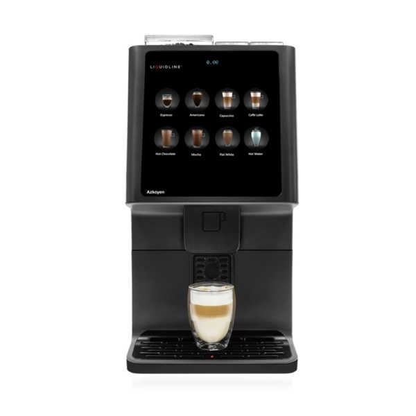 Black commercial coffee machine with a touchscreen drink menu, dispensing a layered latte into a glass on the drip tray, shown on a white background.