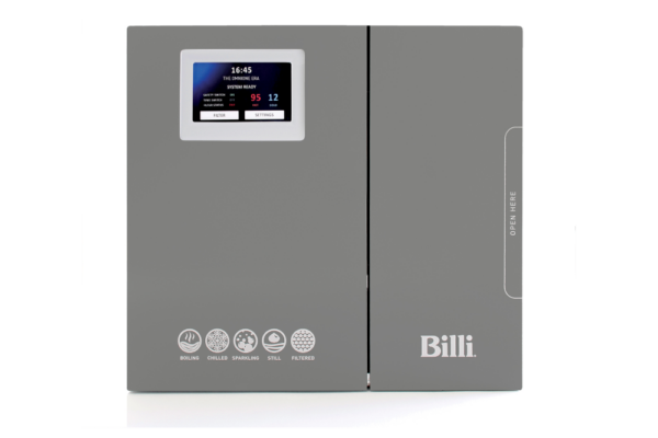 Front view of the Billi OmniOne underbench water system in grey, featuring a digital touchscreen display and icons for boiling, chilled, sparkling, still, and filtered water.