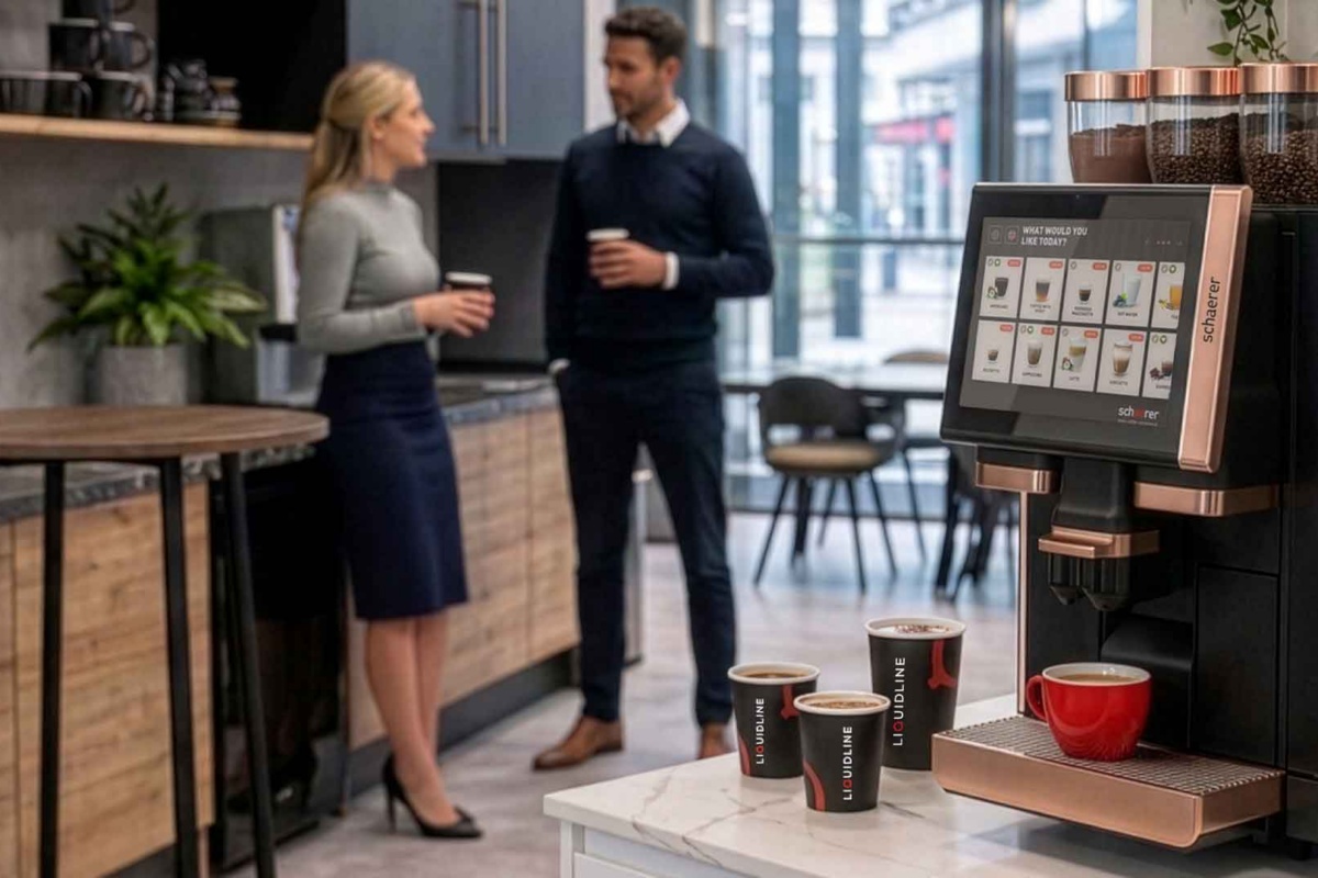 two people stood by a coffee machine with a coffee being dispensed