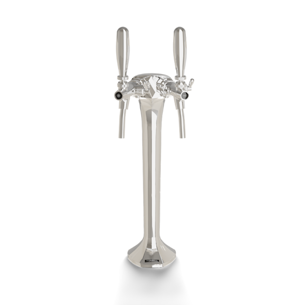 Polished chrome dual-faucet water tap mounted on a freestanding column, shown from the front against a white background.