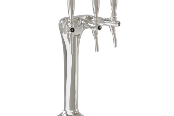 Polished chrome triple-faucet drinks tap with a curved freestanding column, shown side profile against a white background.
