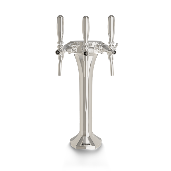 Polished chrome triple-faucet drinks tap mounted on a freestanding column, shown from the front against a white background.