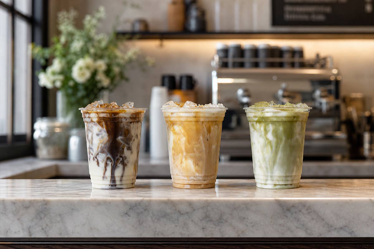 3 iced drinks on cafe counter, matcha, latte and mocha