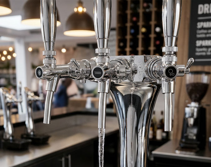 Close-up of a polished chrome triple-faucet beverage tap.