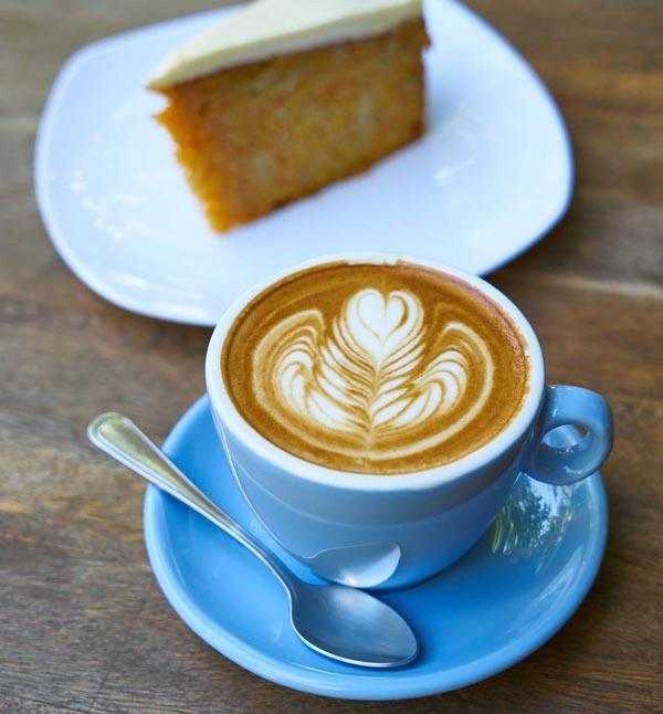 latte with piece of cake