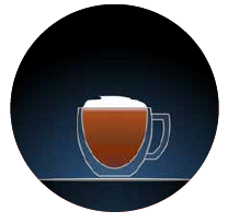 cappuccino illustration of a clear glass with medium brown contents and white froth on top against a dark blue background in a circular shape there is a light grey dotted line to the left hand side