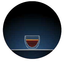 espresso illustration of a small glass with dark brown contents against a dark blue background within a circular shape there is a light grey dotted line to the left hand side