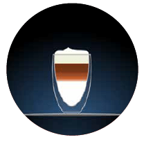 latte illustration of a glass filled with white and brown and a frothy top set against a dark blue baackground within a circular shape