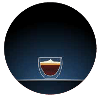 macchiato illustration of a small glass with dark brown contents and cream froth on top set against a dark blue background in a circular shape there is a light grey dotted line to the right hand side