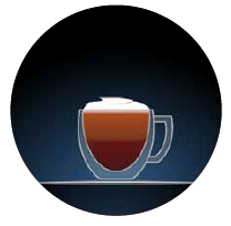 MOCHACCINO graphic clear cup with brown interior and white top against a dark blue background in a circular shape vertical dotted line to the left hand side of the graphic