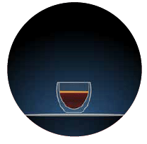 strong black coffee illustration of a small glass with dark brown contents set against a dark blue background within a circular shape there is a light grey dotted line to the left hand side