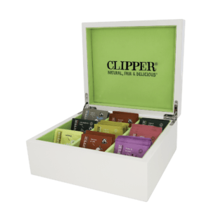 clipper display case which has 9 different tea selections within the box