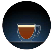 white coffee illustration of a clear glass mug with dark brown contents and a light cream top set against a dark background within a circular shape this is surrounded by a light grey dotted line