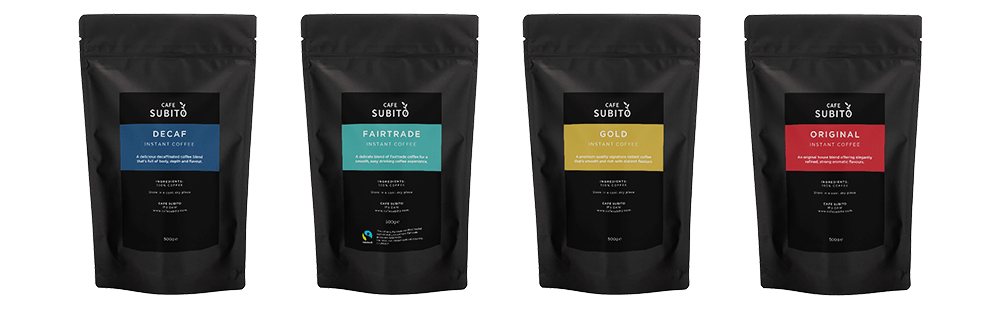 Cafe Subito coffee bags with, decaf, fairtrade, gold and original