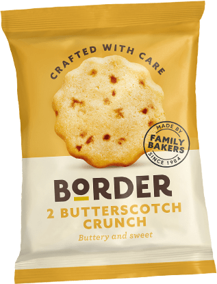 Two Border butterscotch crunch flavoured biscuits in a yellow packet